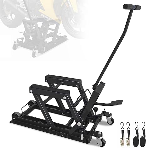 1500 Lbs Hydraulic Moto Jack, Foot-Operated, 4 Wheels & Foldable,Blue | 1500 Lbs Hydraulic Scissor Jack, Foot-Operated Stand, 4 Wheels for Mobility, Foldable Storage, for Moto/ATV/UTV