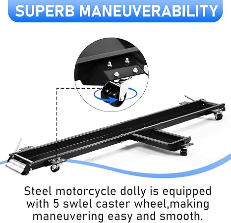 1250 lbs Motorcycle Dolly with 5 Swivel Casters | Adjustable Heavy Duty Bike Mover Stand with Ramp & Safety Pins, Rolling Motorcycle Stand for Garage Storage & Workshop, Black