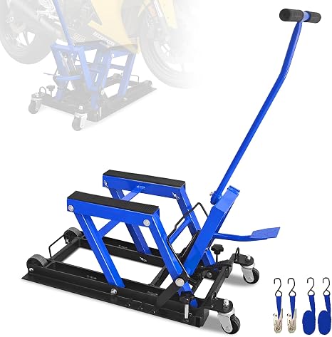 1500 Lbs Hydraulic Moto Jack, Foot-Operated, 4 Wheels & Foldable,Blue | 1500 Lbs Hydraulic Scissor Jack, Foot-Operated Stand, 4 Wheels for Mobility, Foldable Storage, for Moto/ATV/UTV