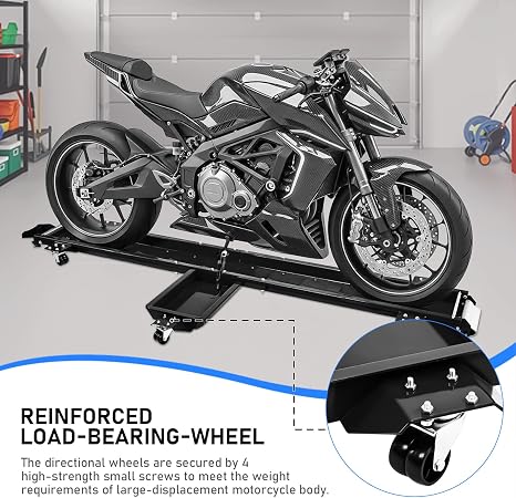 1250 lbs Motorcycle Dolly with 5 Swivel Casters | Adjustable Heavy Duty Bike Mover Stand with Ramp & Safety Pins, Rolling Motorcycle Stand for Garage Storage & Workshop, Black