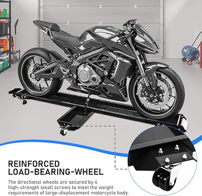 1250 lbs Motorcycle Dolly with 5 Swivel Casters | Adjustable Heavy Duty Bike Mover Stand with Ramp & Safety Pins, Rolling Motorcycle Stand for Garage Storage & Workshop, Black