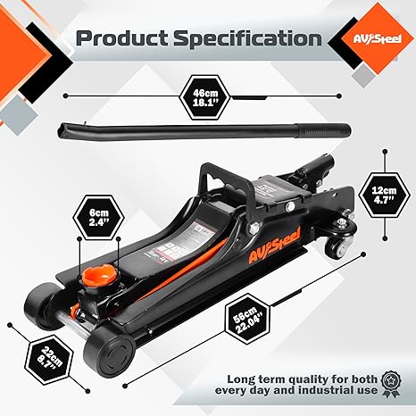 AV Steel Low Profile Floor Jack 2.5 Ton (5000 lbs), Lift Range 3.4" to 14.6" for Cars & Sedans, Hydraulic Steel Jack with Single Piston Pump - Not for Trucks or SUVs