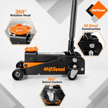AV Steel 3 Ton Floor Jack (6000 lbs), Single Piston Steel Hydraulic Floor Jack, Lift Range 5.5" to 18.5", Fits Cars, SUVs & Standard Trucks - Not for Lifted Vehicles or Heavy-Duty Trucks