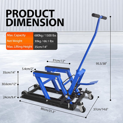 1500 Lbs Hydraulic Moto Jack, Foot-Operated, 4 Wheels & Foldable,Blue | 1500 Lbs Hydraulic Scissor Jack, Foot-Operated Stand, 4 Wheels for Mobility, Foldable Storage, for Moto/ATV/UTV