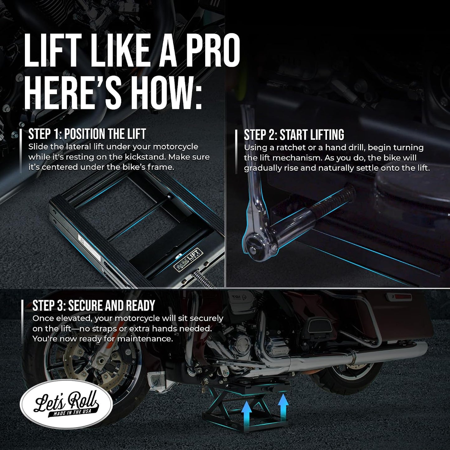 Let's Roll Standard Motorcycle Lift Jack - 1200 LB Heavy Duty Scissor Jack Stands, Scissor Lift Jacks, Motorcycle Accessories, Stable Garage Lifts with Mobility for Maintenance - Made in The USA