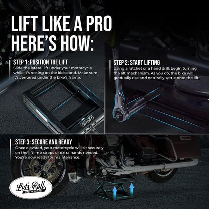 Let's Roll Standard Motorcycle Lift Jack - 1200 LB Heavy Duty Scissor Jack Stands, Scissor Lift Jacks, Motorcycle Accessories, Stable Garage Lifts with Mobility for Maintenance - Made in The USA