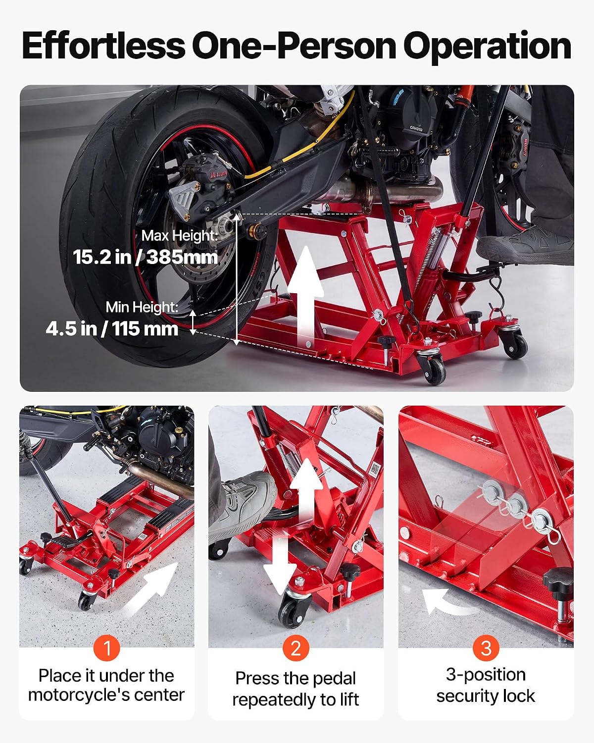 VEVOR 1500 lbs Hydraulic Motorcycle & ATV Lift Jack with 4 Wheels, Foot-Operated Portable Scissor Lift Stand for UTV and Powersports