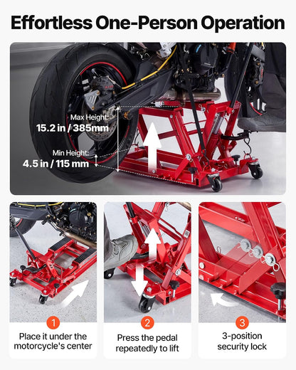 VEVOR 1500 lbs Hydraulic Motorcycle & ATV Lift Jack with 4 Wheels, Foot-Operated Portable Scissor Lift Stand for UTV and Powersports
