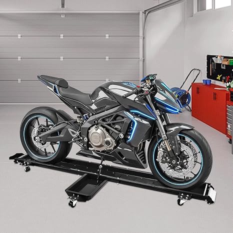 1250 lbs Motorcycle Dolly with 5 Swivel Casters | Adjustable Heavy Duty Bike Mover Stand with Ramp & Safety Pins, Rolling Motorcycle Stand for Garage Storage & Workshop, Black