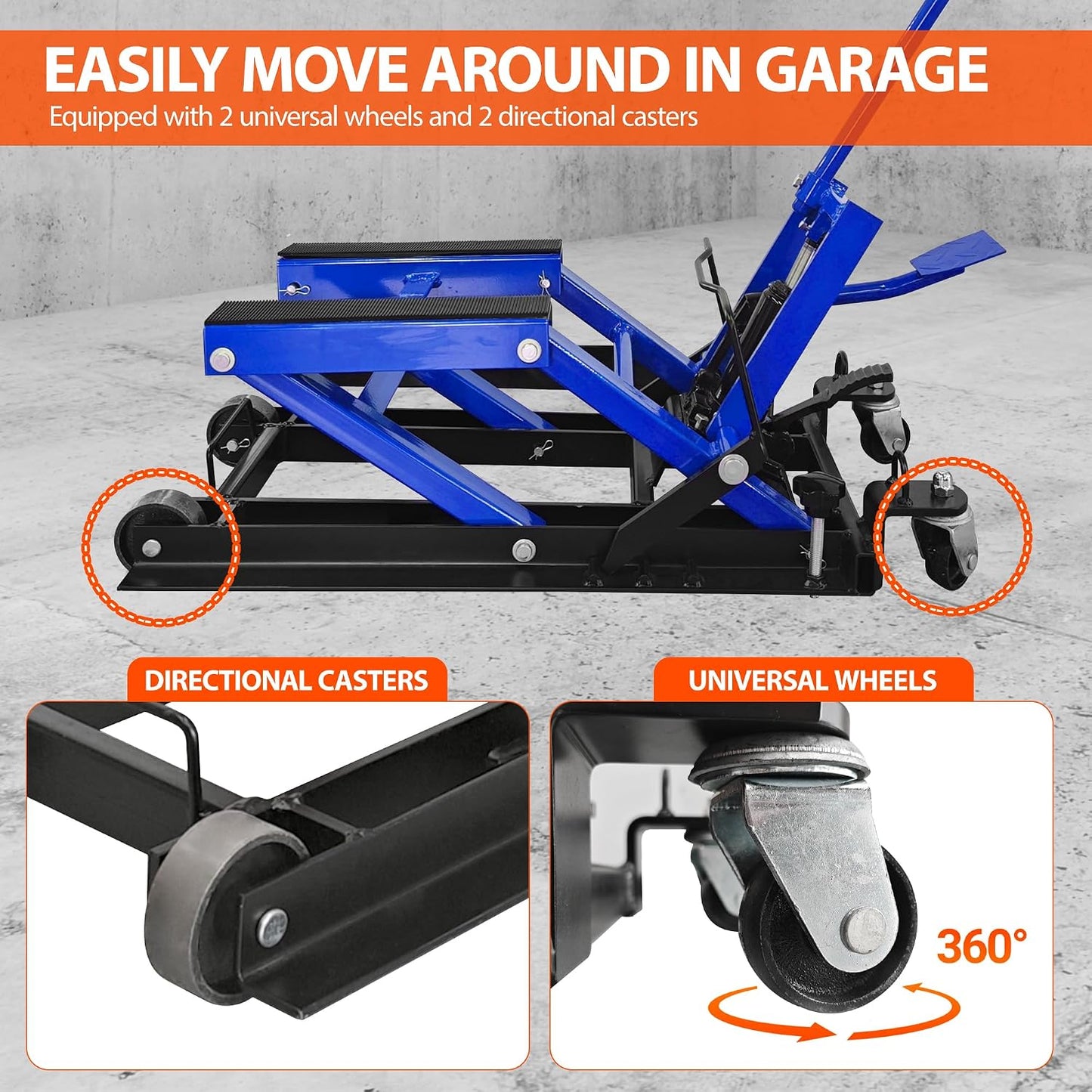 1500 Lbs Hydraulic Moto Jack, Foot-Operated, 4 Wheels & Foldable,Blue | 1500 Lbs Hydraulic Scissor Jack, Foot-Operated Stand, 4 Wheels for Mobility, Foldable Storage, for Moto/ATV/UTV