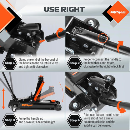 AV Steel Low Profile Floor Jack 2.5 Ton (5000 lbs), Lift Range 3.4" to 14.6" for Cars & Sedans, Hydraulic Steel Jack with Single Piston Pump - Not for Trucks or SUVs