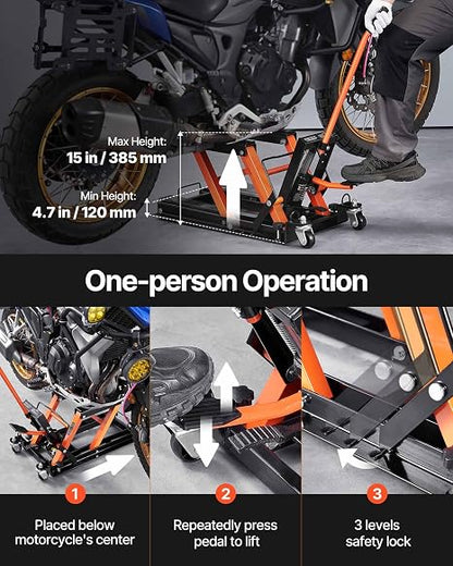 VEVOR 1500 lbs Hydraulic Motorcycle & ATV Lift Jack with 4 Wheels, Foot-Operated Portable Scissor Lift Stand for UTV and Powersports