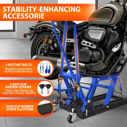 1500 Lbs Hydraulic Moto Jack, Foot-Operated, 4 Wheels & Foldable,Blue | 1500 Lbs Hydraulic Scissor Jack, Foot-Operated Stand, 4 Wheels for Mobility, Foldable Storage, for Moto/ATV/UTV
