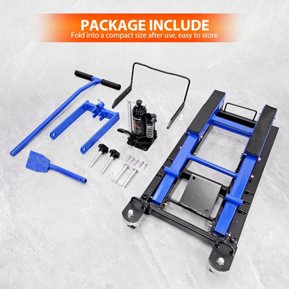 1500 Lbs Hydraulic Moto Jack, Foot-Operated, 4 Wheels & Foldable,Blue | 1500 Lbs Hydraulic Scissor Jack, Foot-Operated Stand, 4 Wheels for Mobility, Foldable Storage, for Moto/ATV/UTV