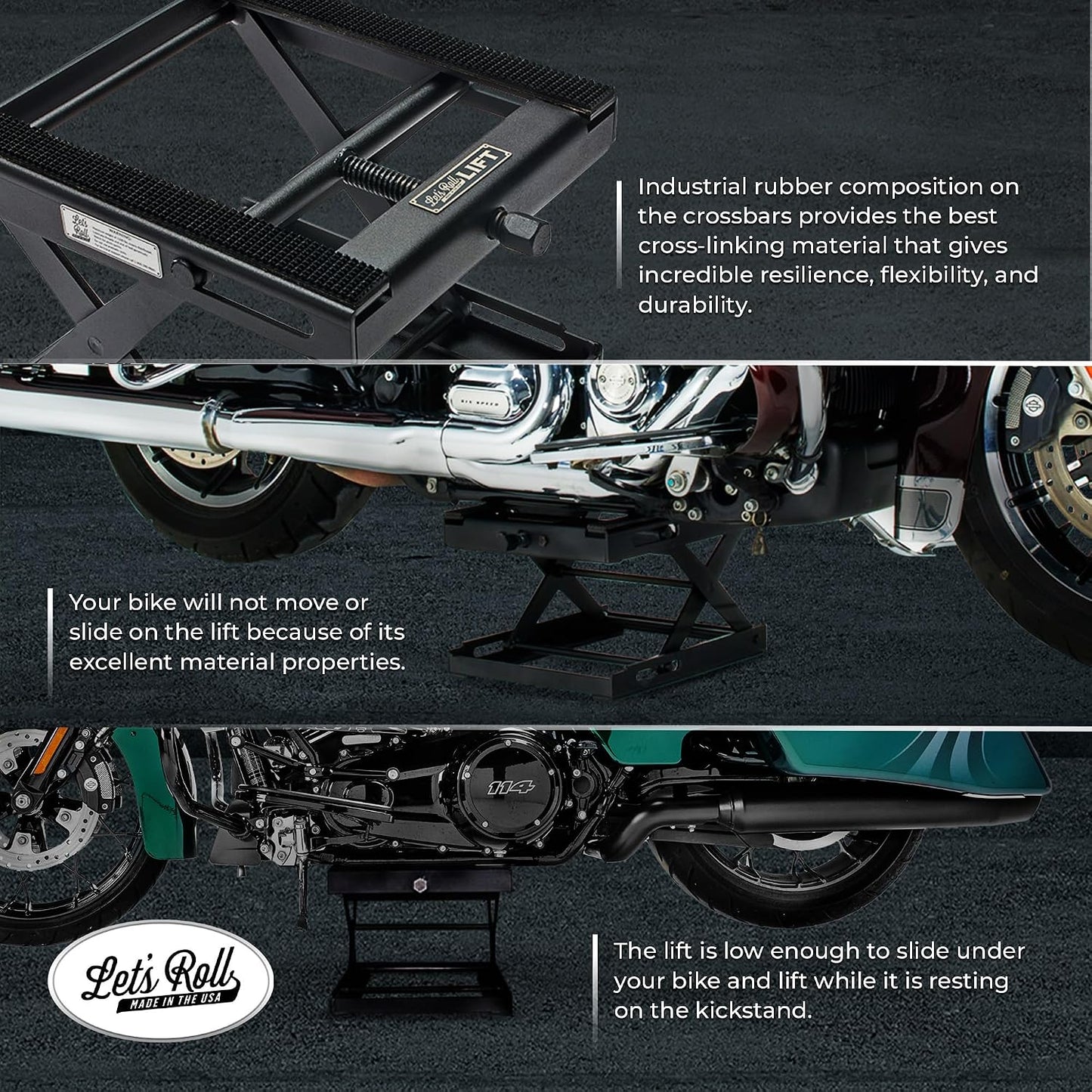 Let's Roll Standard Motorcycle Lift Jack - 1200 LB Heavy Duty Scissor Jack Stands, Scissor Lift Jacks, Motorcycle Accessories, Stable Garage Lifts with Mobility for Maintenance - Made in The USA